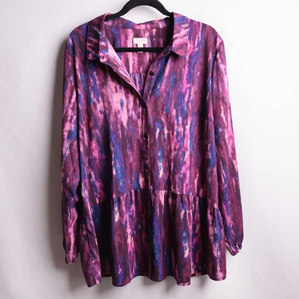 LOGO Lori Goldstein Women XL Purple Abstract Print Peplum Button Down Shirt